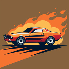Retro muscle car racing with fiery background, bold colors and dynamic shadows, vintage illustration style.