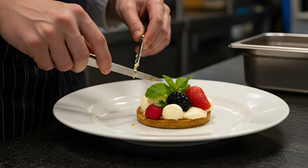 Chef meticulously garnishing a delicious dessert with fresh berries and mint.