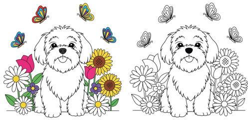 Cute fluffy puppy sitting among colorful flowers with butterflies flying around, adorable cartoon dog coloring page illustration for kids, black and white and colored versions