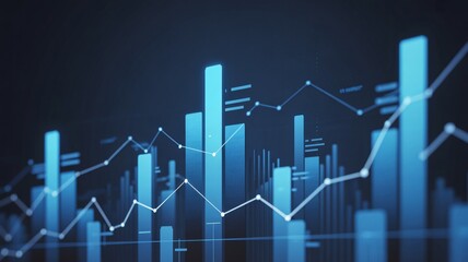 Dynamic blue financial charts illustrate market trends and economic growth with glowing data points and upward trajectories, perfect for business insights.