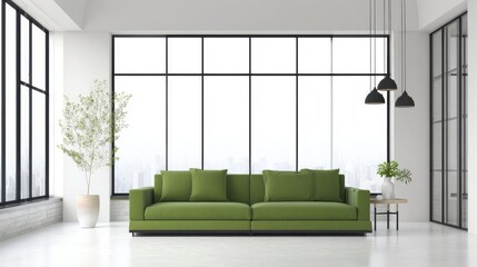 sofa. Elegant green sofa in a minimalist living space, blending natural light and simple decor for modern comfort. real-estate listings.