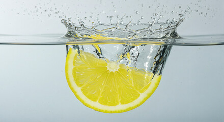 Vibrant lemon slice splashes into crystal clear water creating dynamic refreshing droplets
