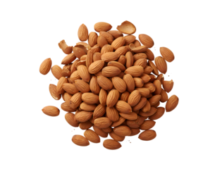 a gorgeous stack of roasted organic almonds with their skins on, set against a white backdrop. Horizontal layout. Bird's eye view