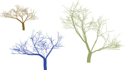 Three stylized bare trees in brown blue and green on white brown tree blue tree