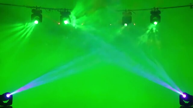 Wide angle shot of numerous light beams sweeping across the green screen with dj stage lights on background spotlights chroma key 4k video effect copy space distortion, overlay, glitch, static noise