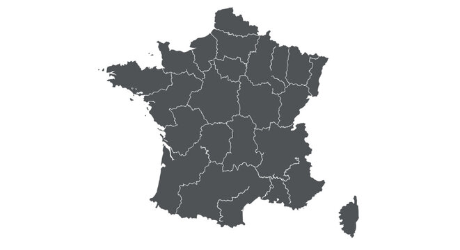 Detailed outline map of france with regional borders highlighted on white background