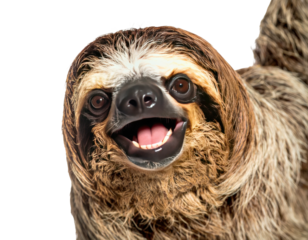 A close-up portrait of a sloth smiling widely, showing its teeth and light-brown fur