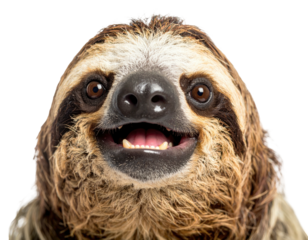 A close-up portrait of a sloth smiling at the viewer with brown fur and visible teeth