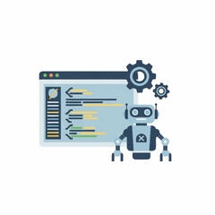 Coding robot with gears and a computer screen showing code.