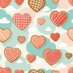 Sweet heart-shaped cookies with colorful frosting scattered across a charming pastel cloudy background in a seamless pattern.