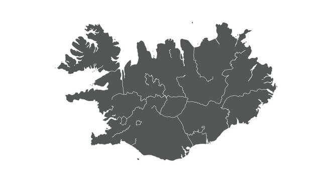 Detailed silhouette map of iceland with region borders in gray