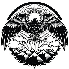 Fototapeta premium Eagle Over Mountains Emblem Vector Graphic for T-Shirt Design (Engraving Style)