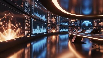 A futuristic control room with multiple curved screens displaying complex data visualizations - Powered by Adobe