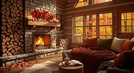 Cozy cabin living room with fireplace and autumn foliage view from the window on a relaxing afternoon
