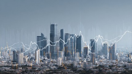 Modern City Skyline with Stock Market Trends and Financial Growth Visualized Through Abstract Graphs and Data Overlay