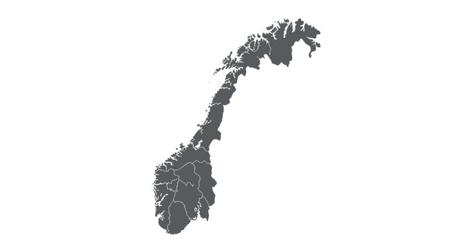 Detailed outline map of norway with regions in gray silhouette