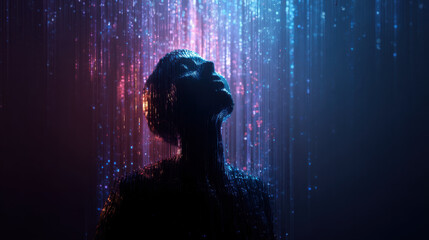 Ai glow silhouette digital rain neon light abstract portrait cyber mood mindful pause tech stress calm reflection burnout detox journey with ai