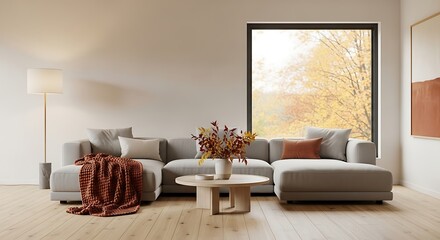 Modern living room interior with comfortable sofa and autumn view from the window creates cozy home vibe