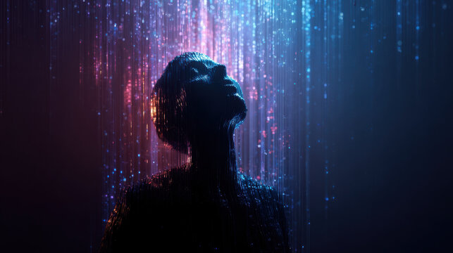Ai glow silhouette digital rain neon light abstract portrait cyber mood mindful pause tech stress calm reflection burnout detox journey with ai - Powered by Adobe