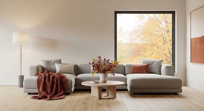 Modern living room interior with comfortable sofa and autumn view from the window creates cozy home vibe
