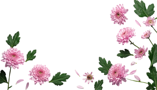 Isolated on Transparent Background Flat Lay of Delicate Pink Chrysanthemums and Greenery, Top View Garden Composition