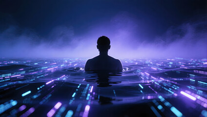 Serene silhouette float cyber sea ai burnout digital detox night neon glow calm horizon reflection minimal