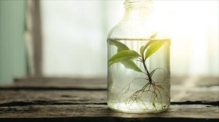 carboy. Clear glass carboy with floating green plant and visible roots on rustic wooden surface. gardening catalogs, home-decor guides, designed for home decor and floral branding.