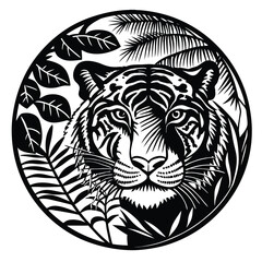 Detailed Tiger Head Emblem with Jungle Leaves for T-Shirt Design