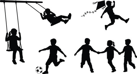 Children playing outdoors, silhouettes of kids swinging, kicking a soccer ball, and flying a kite isolated on white background