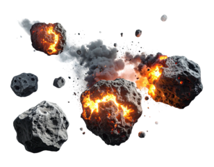 Asteroids collide, with fiery explosions and a cloud of smoke against a stark black background