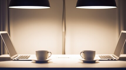 systematizing. A shared minimalist workstation with two laptops and matching coffee cups under soft lighting. lifestyle magazines.