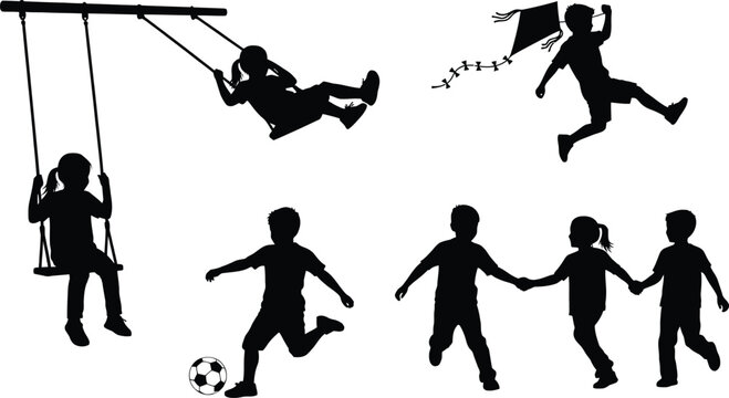 Children playing outdoors, silhouettes of kids swinging, kicking a soccer ball, and flying a kite isolated on white background
