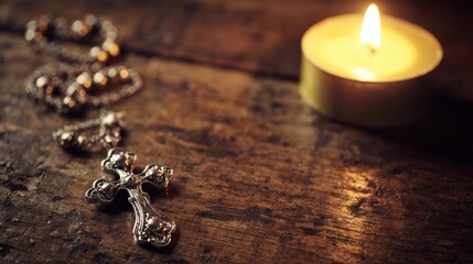 necklace. A silver cross necklace on a weathered wooden table lit by warm candlelight. event programs, museum guides, designed for cultural heritage projects and event programs.
