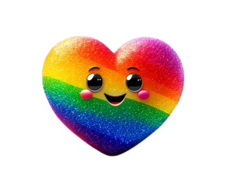 Cute 3D Pride Heart Character with Happy Face and Sparkles, Floating in Colorful Environment, Isolated on Transparent Background