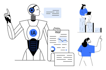 AI robot holding data chart, person working on laptop atop data stacks, another pointing toward ideas. Ideal for technology, innovation, artificial intelligence, teamwork, analysis, data science