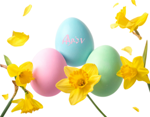 Easter Celebration Scene with Floating Colorful Eggs and Blooming Yellow Flowers, Dynamic Layout, Isolated on Transparent Background