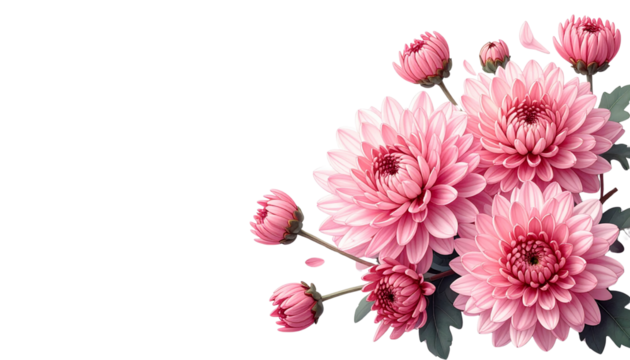 Minimal Botanical Set of Pink Chrysanthemum Blossoms, Stylized Decorative Elements, Isolated on Transparent Background