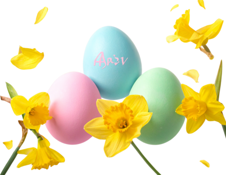 Easter Celebration Scene with Floating Colorful Eggs and Blooming Yellow Flowers, Dynamic Layout, Isolated on Transparent Background - Powered by Adobe
