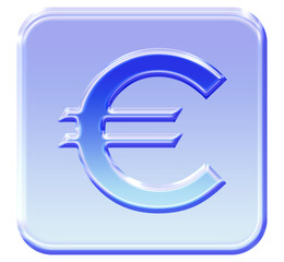 Glassy 3D Euro Sign icon - Shiny blue finance and currency symbol in a square button for web or app UI