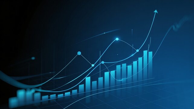 Dynamic financial growth chart with upward trending bars and lines symbolizing success and profit in a modern abstract digital space