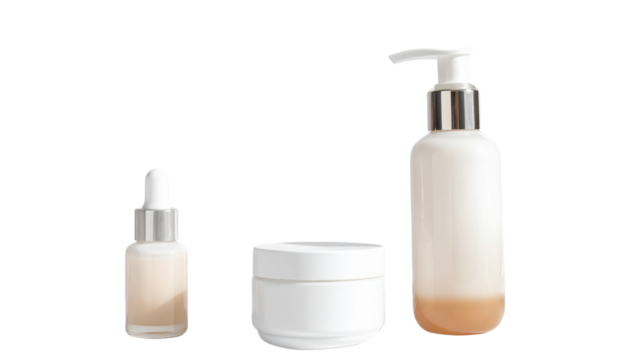 Minimal Skincare Set with Lotion, Cream, and Serum Bottles, Modern Packaging, Isolated on Transparent Background