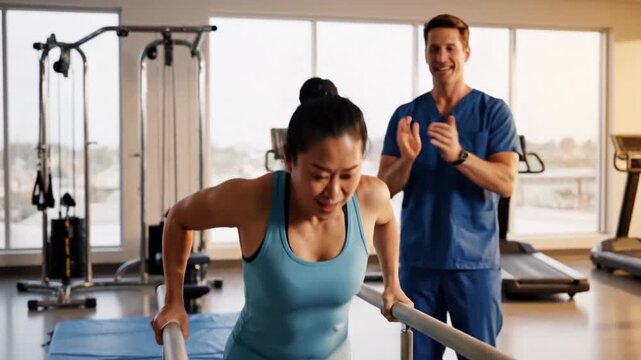 Physical therapist assists a female patient with walking exercises in a rehabilitation gym.