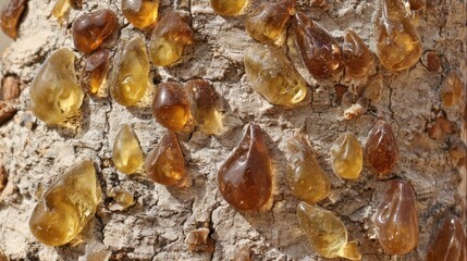 secretion. Close-up of frankincense tree bark with teardrop-shaped resin droplets glinting. gardening catalogs, home-decor guides, designed for gardening and botanical catalogs, used by clinicians.