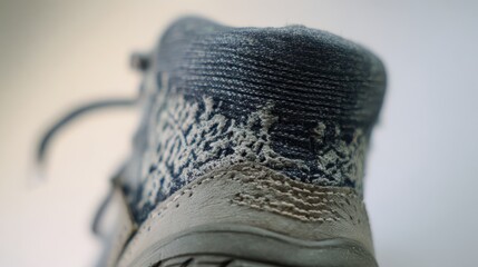 friction. Close-up of a hiking boot heel interior showing fabric wear patterns from sock friction. lifestyle magazines.