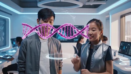Students in a Futuristic Classroom Interacting with Holographic DNA and Data Visualizations. - Powered by Adobe