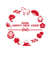 年賀状2026 　ウマと縁起物のイラスト　2026年 年賀状,イラスト,馬,干支,正月,縁起物, 和風デザイン,テンプレート,ポップ,かわいい,年賀2026
