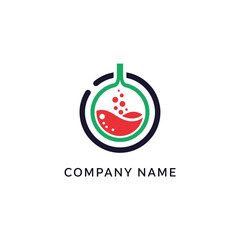 Laboratory Flask Logo Design with Bubbling Red Liquid and Green Accents.