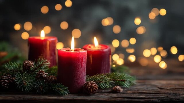 Cozy Holiday Ambiance with Three Red Burning Candles, Evergreen Branches, and Pinecones on Rustic Wood, Warm Bokeh Background