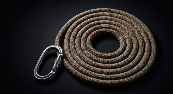 Durable climbing rope coiled with secure metal carabiner ready for adventure and safety - Powered by Adobe