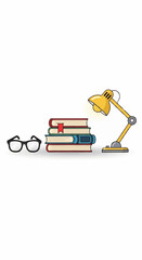 Obraz premium Stack of Books with Glasses and Desk Lamp Illustration.